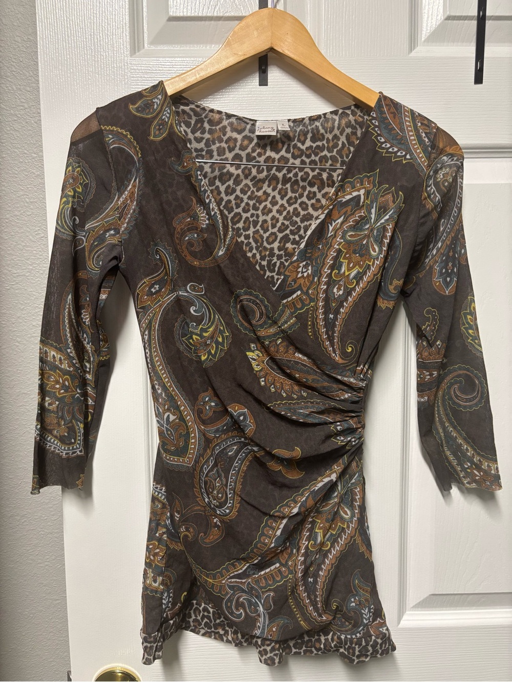 Vintage Johnny Was Heaven Y2K Paisley Leopard Ruched Mesh Top L